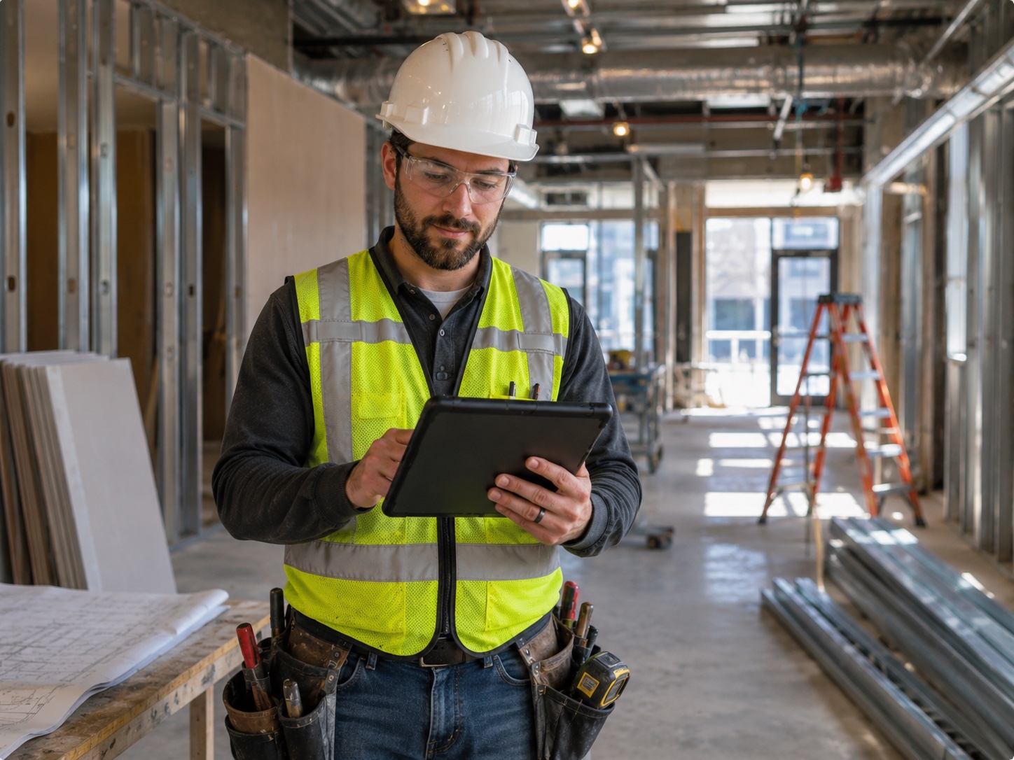 Tradesperson reviewing plans on a tablet at a jobsite