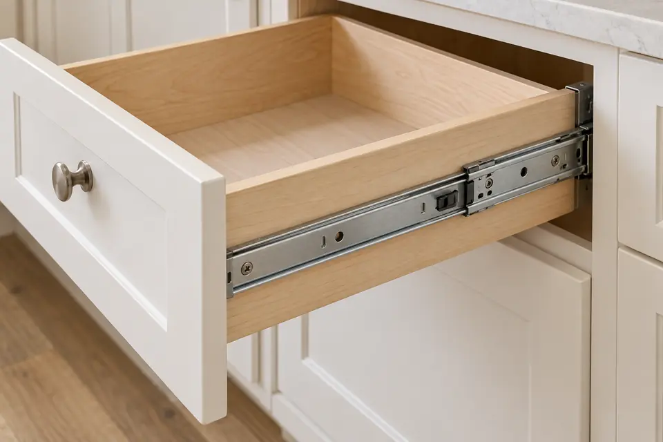 Illustration showing the side-mounted metal slide and release tab on an open wooden cabinet drawer.