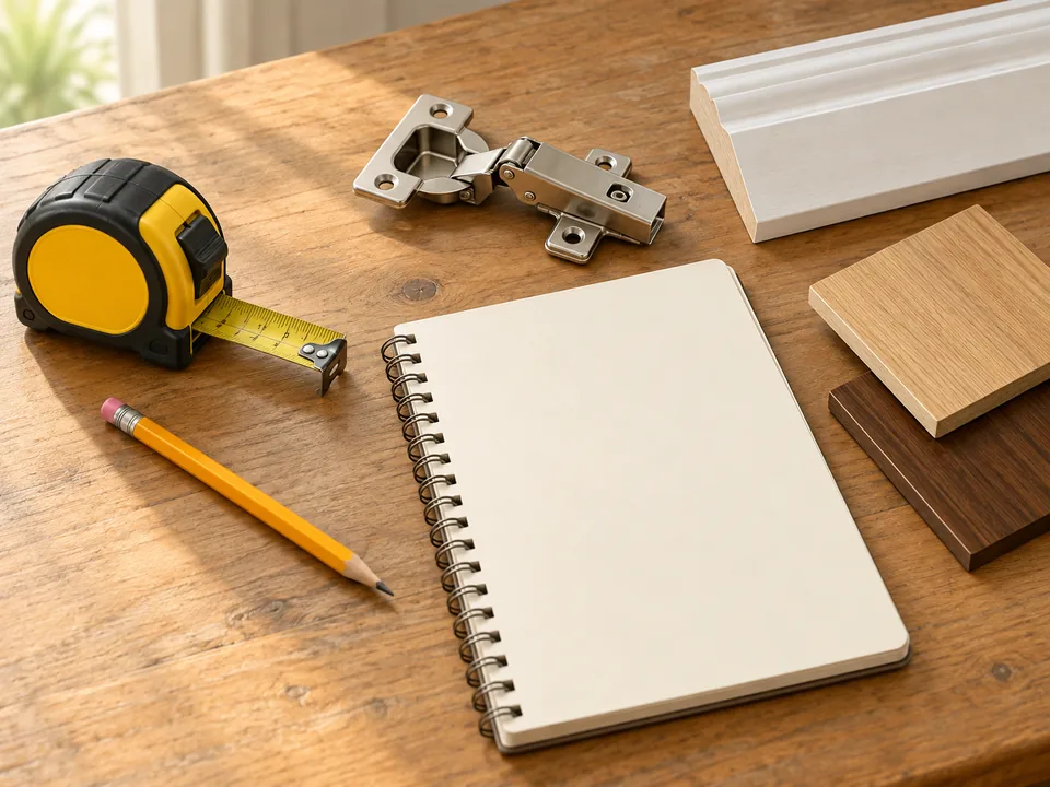 Tape measure, cabinet hinge, trim and a notebook for planning home repairs